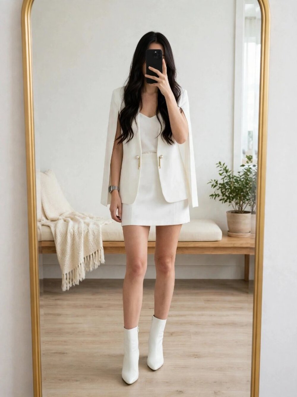 White Cape Blazer Pearl Button Chain Detail Open Front S